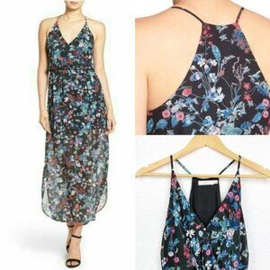 LUSH Black Blue Floral V-Neck Maxi Dress in Size Small